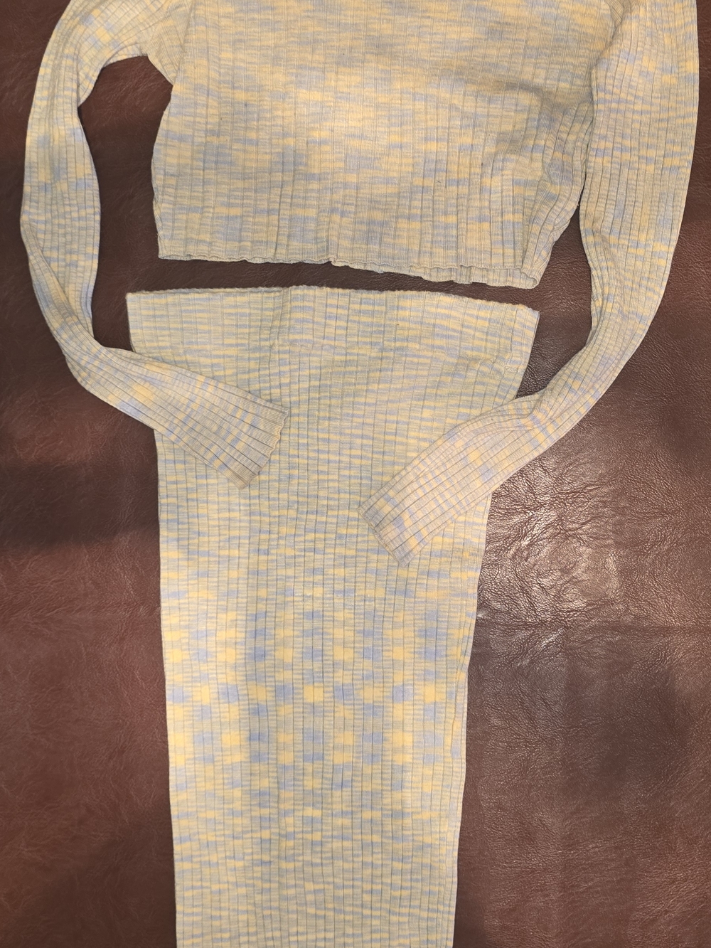 Ribbed Cropped Knit Sweater And Skirt in Pastel Blue & Yellow